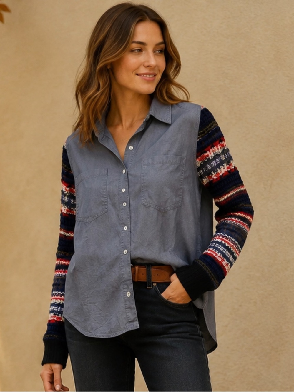 We The Free Mixed Media Chambray Shirt Knit Long Sleeves Boho Fall Sz M